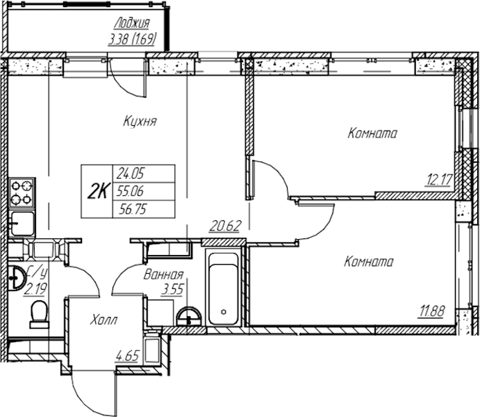 2-комнатная квартира 56.7 м², 6/22 эт., ЖК «Парк-квартал Юнтолово»